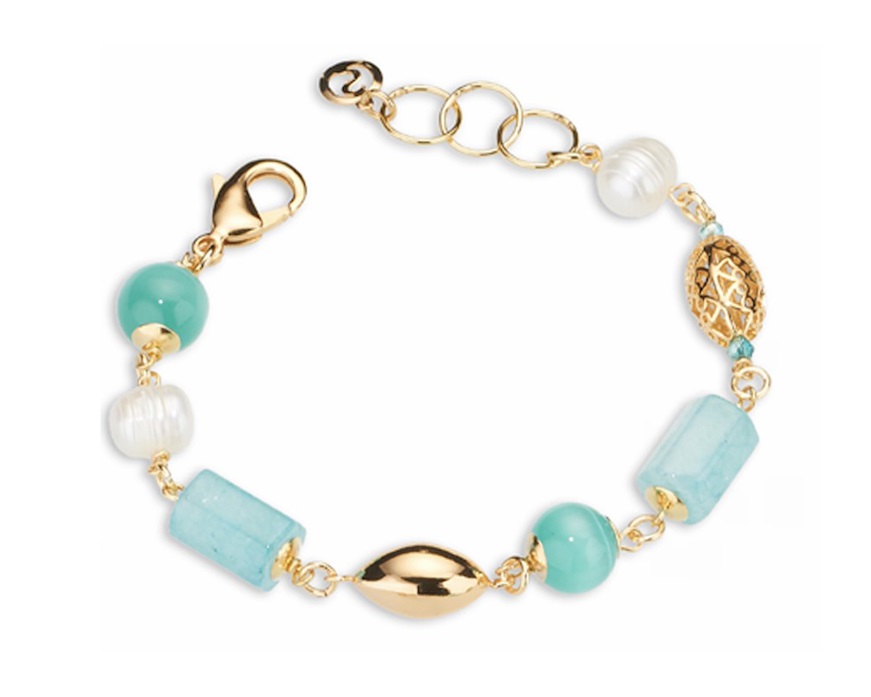 Bracciale Lysandre ottone finitura dorata con perla, occhio di gatto, quarzo e giada Sovrani