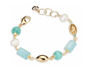 Bracciale Lysandre ottone finitura dorata con perla, occhio di gatto, quarzo e giada Sovrani