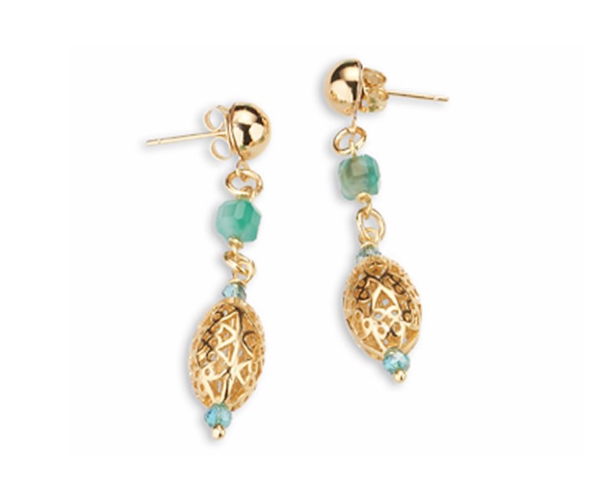 Orecchini Lysandre ottone finitura dorata con perla, occhio di gatto, quarzo e giada Sovrani