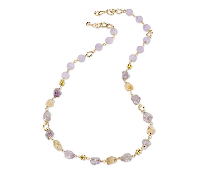 Collana Violette ottone finitura dorata con ametista sasso, citrino sasso Sovrani