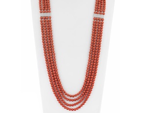 Collana Unica ottone finitura rodiata con perle di maiorca rosse e zirconi Sovrani