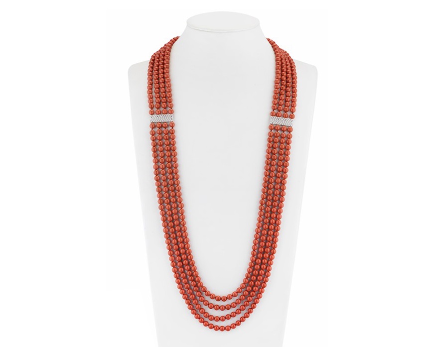 Collana Unica ottone finitura rodiata con perle di maiorca rosse e zirconi Sovrani