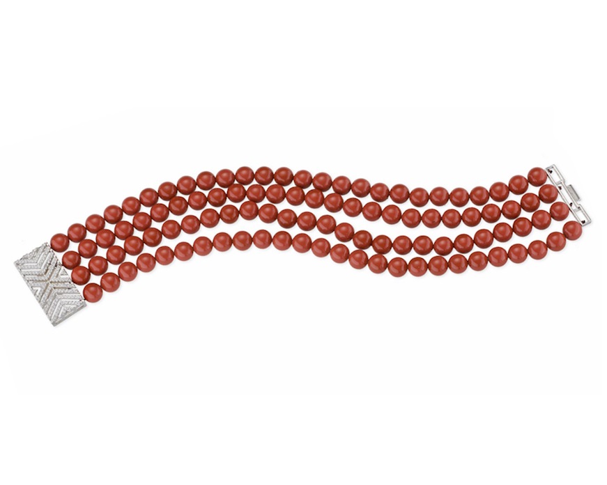 Bracciale Unica ottone finitura rodiata con perle di maiorca rosse e zirconi Sovrani