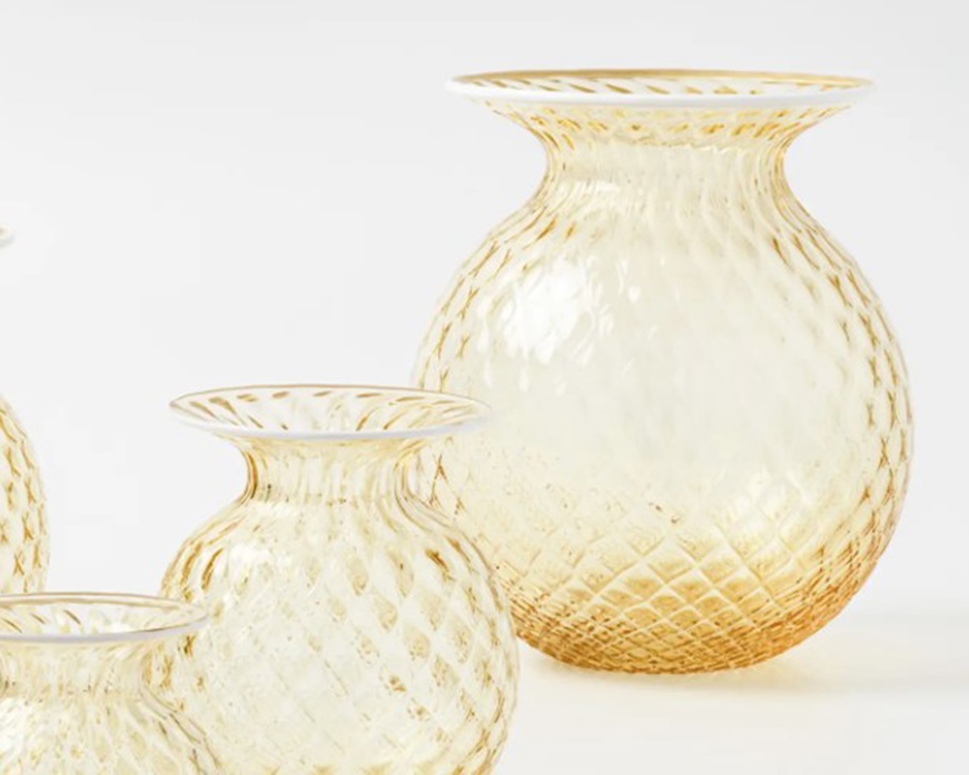 Vaso Fiori Balloton vetro di Murano burro con filo lattimo Venini