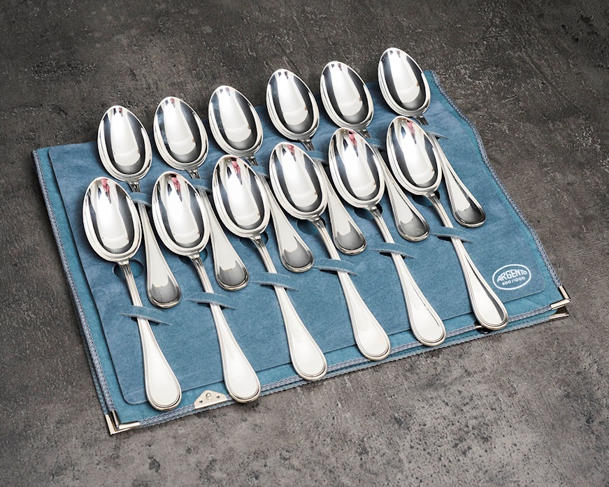Set cucchiai frutta argento 534 grammi 12 pezzi in stile Inglese usato ricondizionato Zanolli Vintage