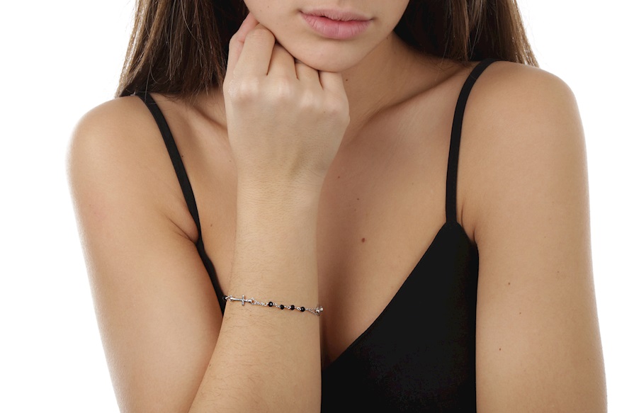 Rosary Bracelet silver with black grains and cross Selezione Zanolli