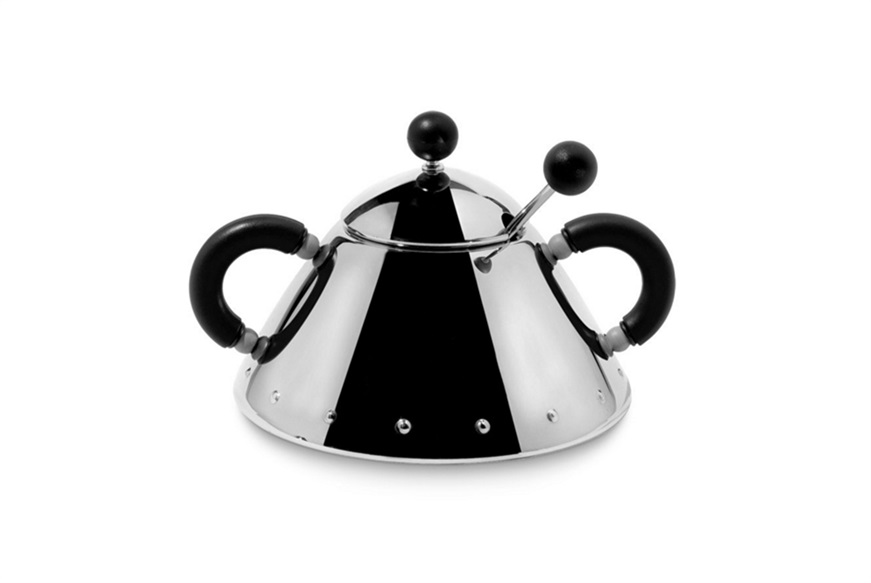 Sugar bowl 9097 steel with black handles and spoon Alessi
