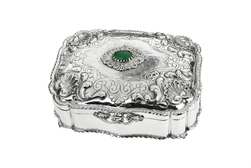 Jewelery box silver with green stone and gilt interior Selezione Zanolli