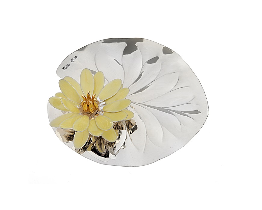 Bomboniera Ninfea argento con foglia e smalto giallo Selezione Zanolli