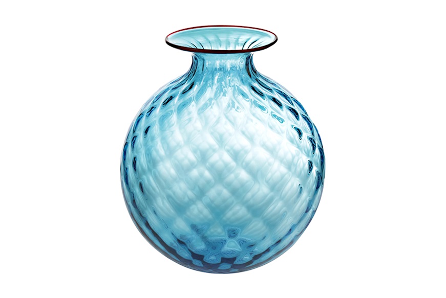 Vase Monofiore Balloton Murano glass aquamare with red ring Venini
