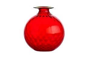 Vaso Monofiore Balloton vetro di Murano rosso con filo verde mela