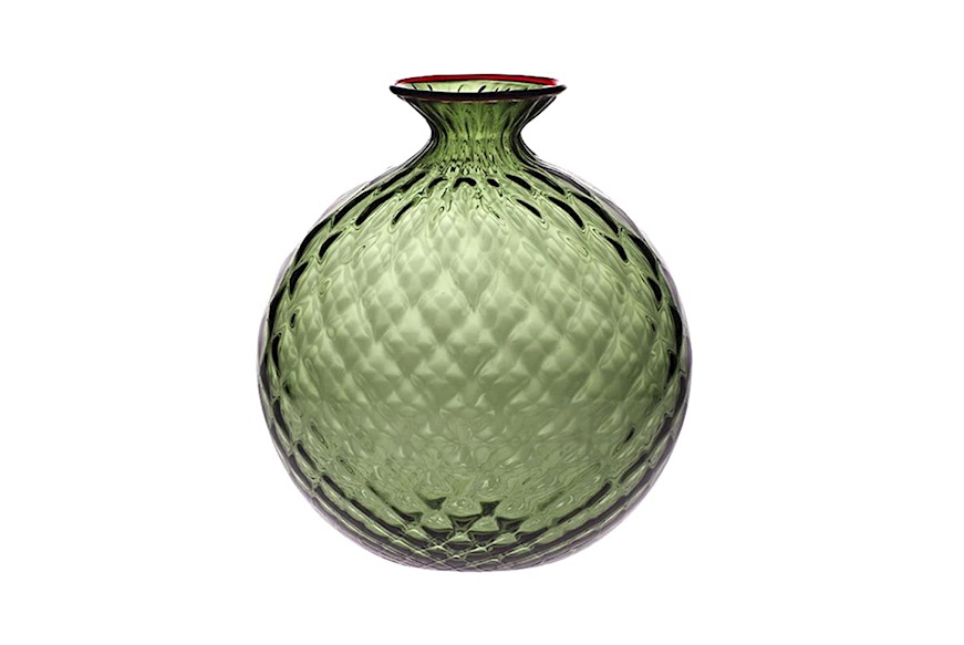 Vase Monofiore Balloton Murano glass apple green with red ring Venini