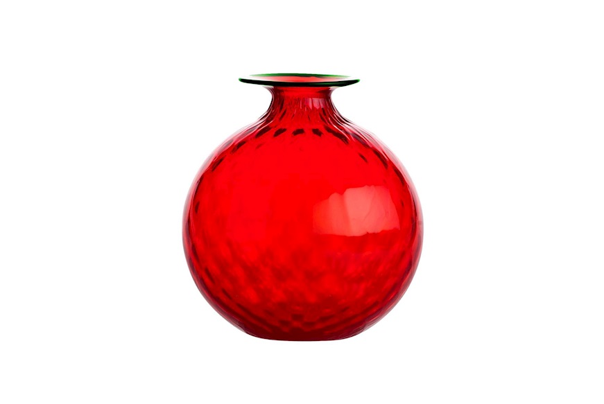 Vase Monofiore Balloton Murano glass red with apple green ring Venini
