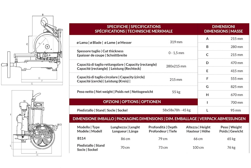 Affettatrice a volano B114 acciaio colore rosso con decoro oro Berkel