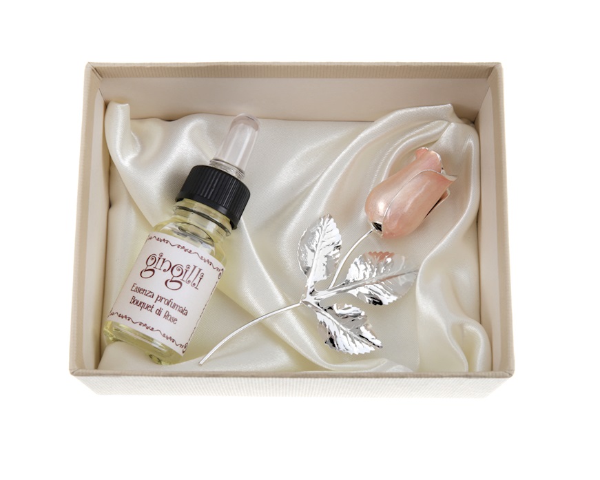 Bomboniera Rosetta bocciolo rosa silver plated con essenza e scatola Selezione Zanolli