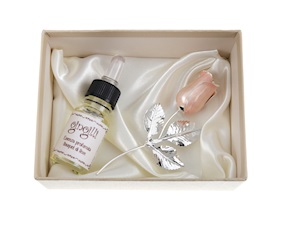 Bomboniera Rosetta bocciolo rosa silver plated con essenza e scatola
