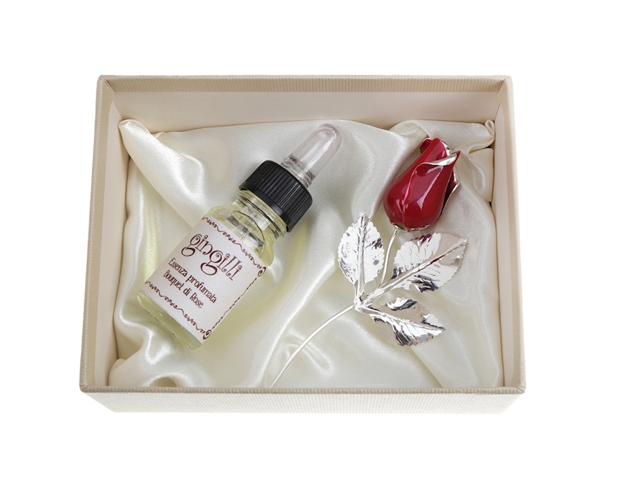 Bomboniera Rosetta bocciolo rosso silver plated con essenza e scatola Selezione Zanolli