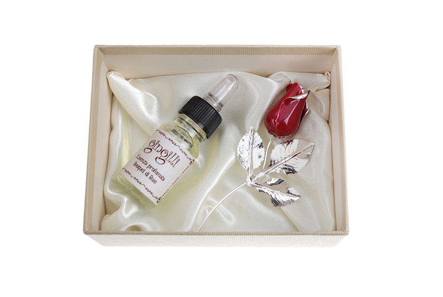 Rose silver plated red enamel bud with essence and box Selezione Zanolli