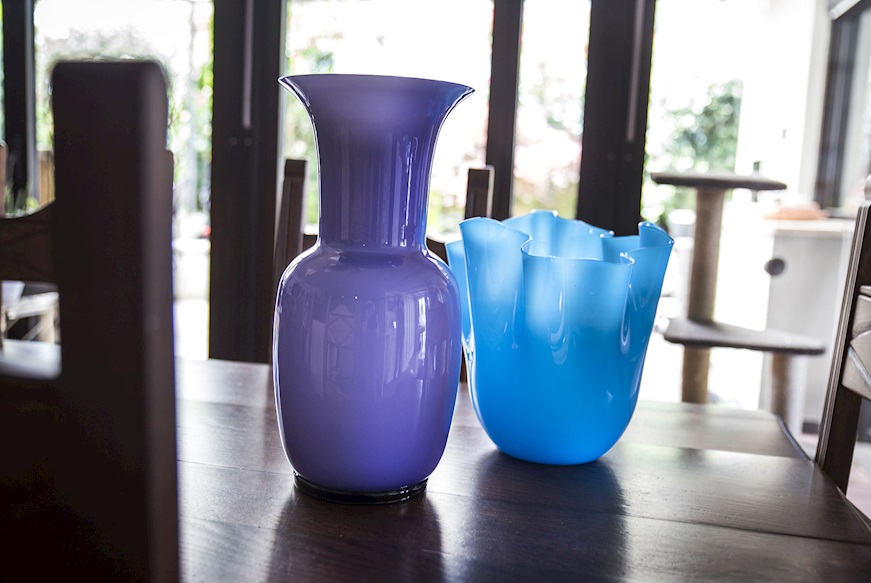 Vase Opalino Murano glass indigo and milk white Venini