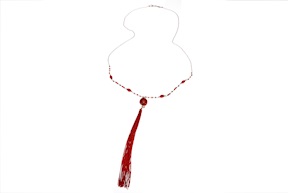 Collana argento rosè con pennacchio rosso bamboo e cristalli