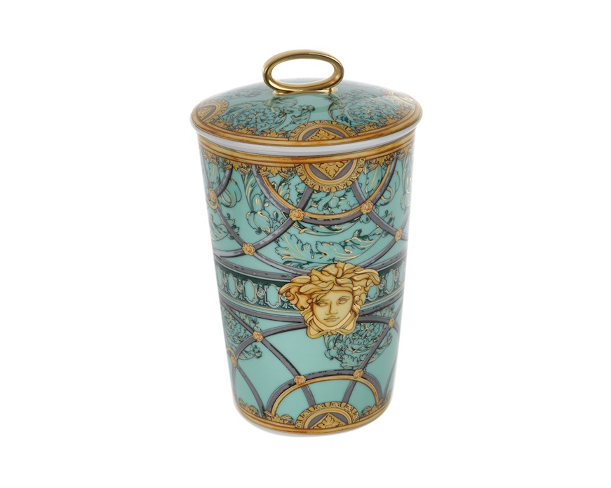 Vaso portacandela La scala del Palazzo porcellana verde con coperchio e candela Versace