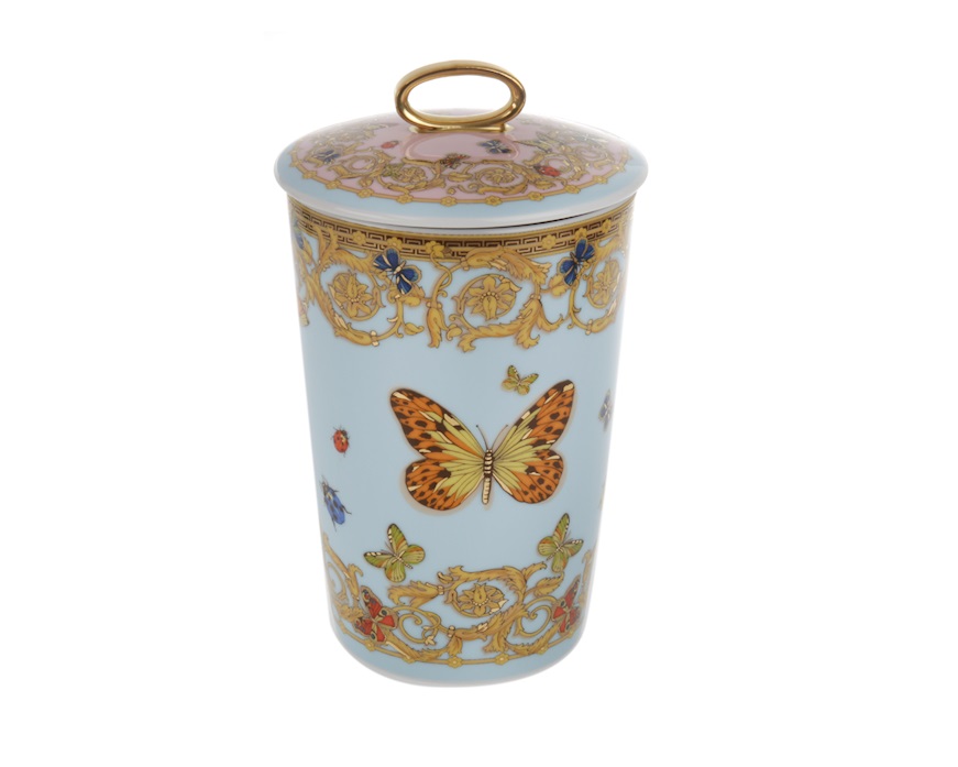 Vaso portacandela Le Jardin porcellana con coperchio e candela Versace