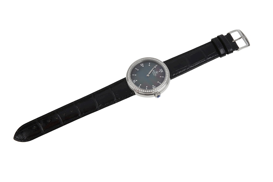 Watch steel with black dial, zircons and leather strap Royal London
