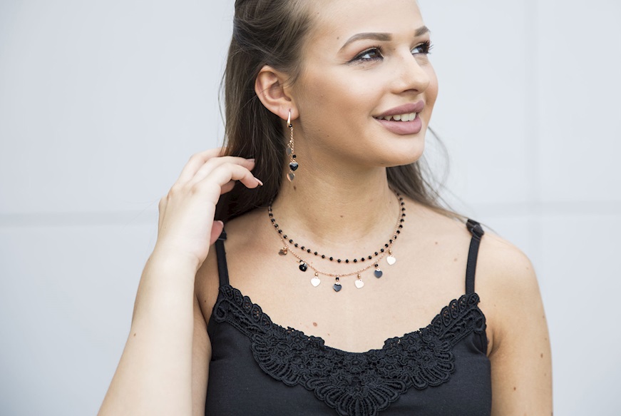Earrings silver rosè with black hearts and crystals Selezione Zanolli