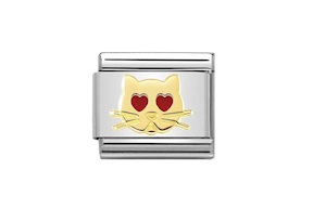 Gatto con Occhi a Cuore Composable acciaio oro e smalto Nomination