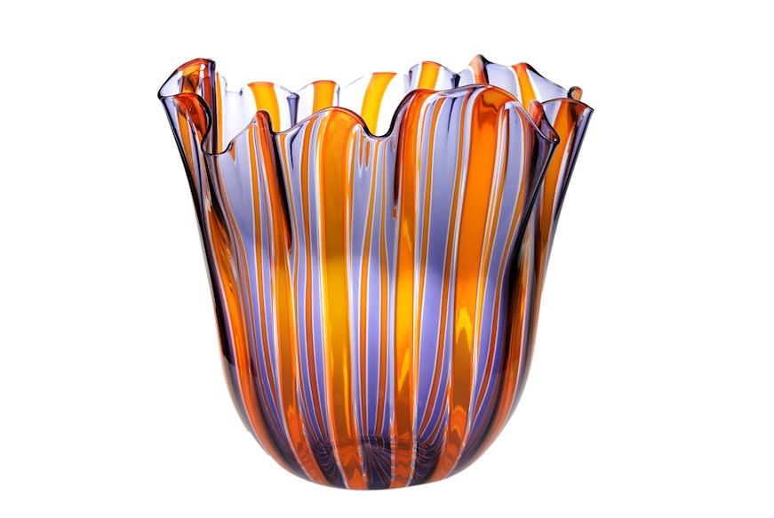 Vase Fazzoletto Murano glass pipes indigo, crystal and orange Venini