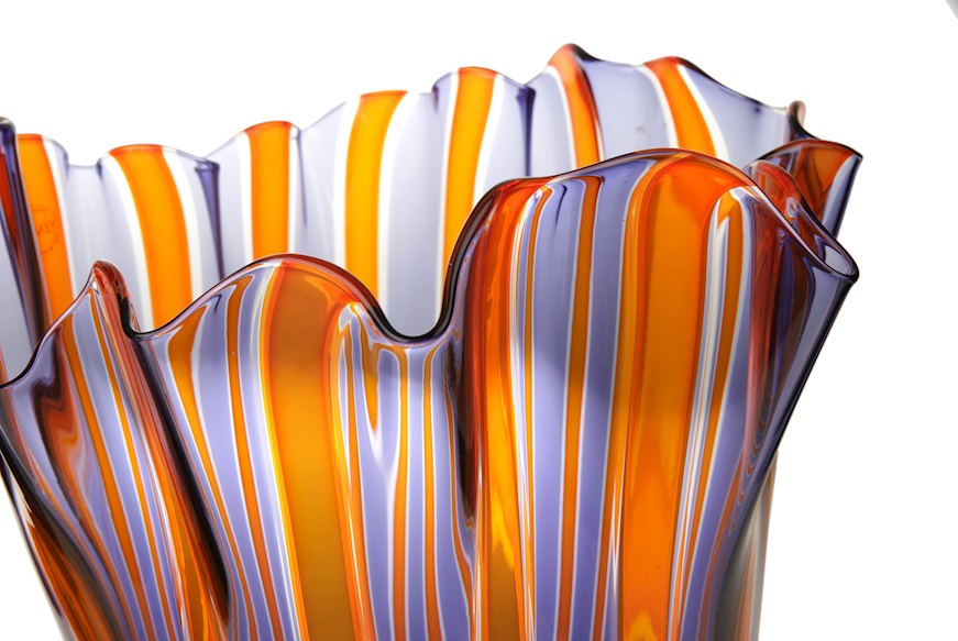 Vase Fazzoletto Murano glass pipes indigo, crystal and orange Venini
