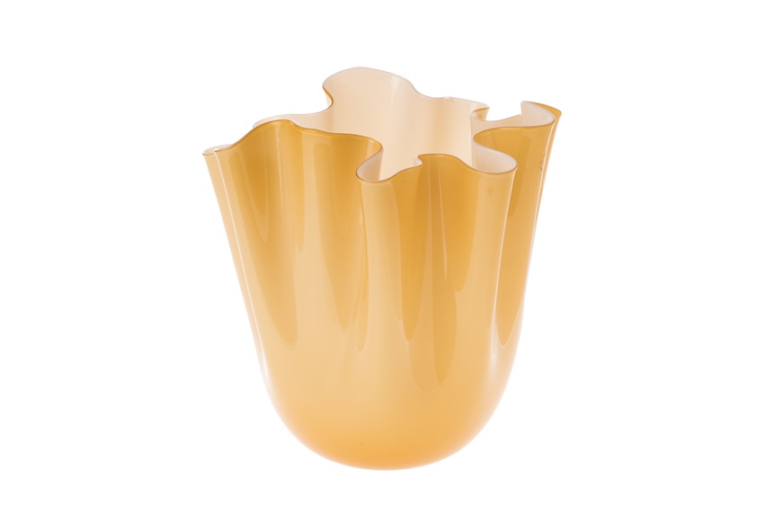 Vase Fazzoletto Murano glass opalino amber and milk white Venini