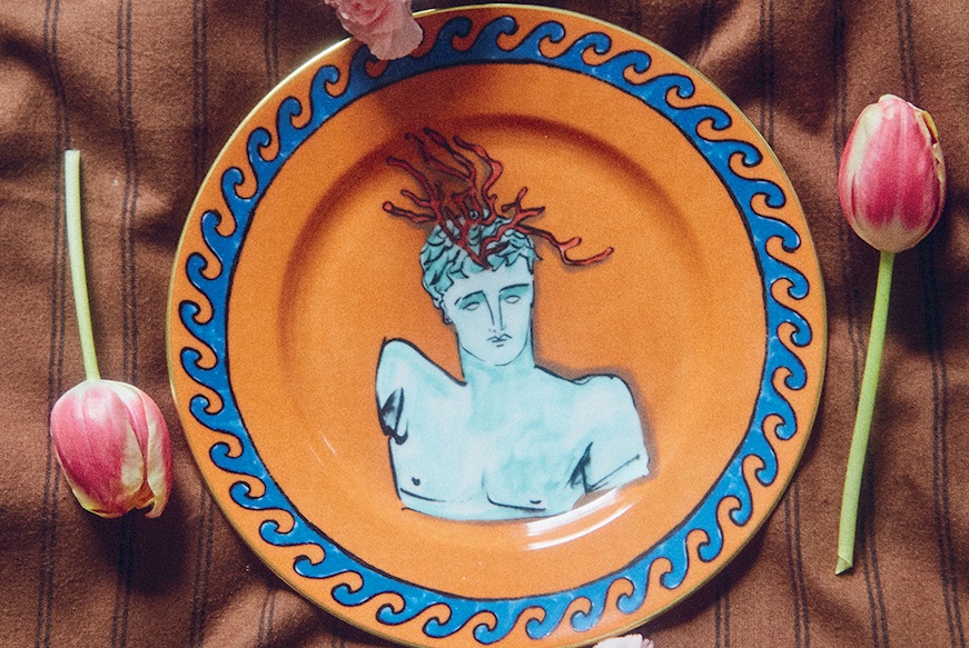 Dessert plate Il viaggio di Nettuno porcelain rock orange Richard Ginori