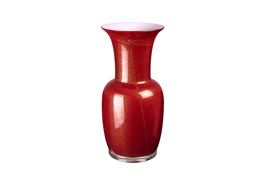 Vaso Opalino vetro di Murano rosso sangue con foglia oro e rosa cipria Venini