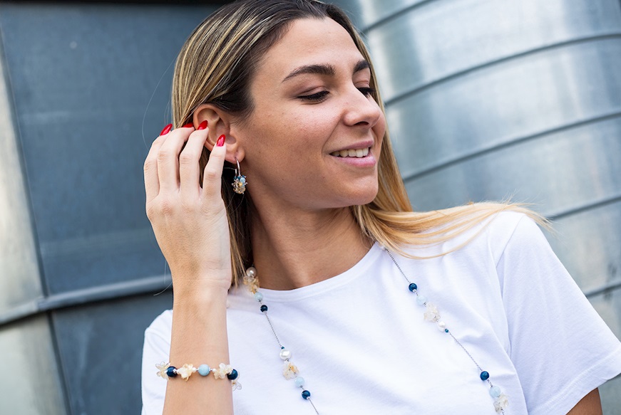 Earrings silver with apatite, aquamarine, pearls and citrine quartz Luisa della Salda