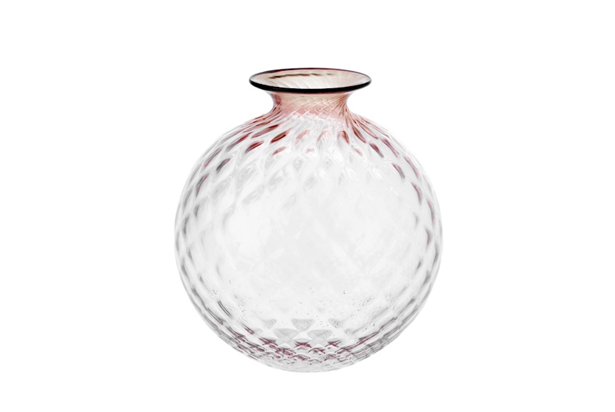 Vase Monofiore Balloton Murano glass pink with red ring Venini