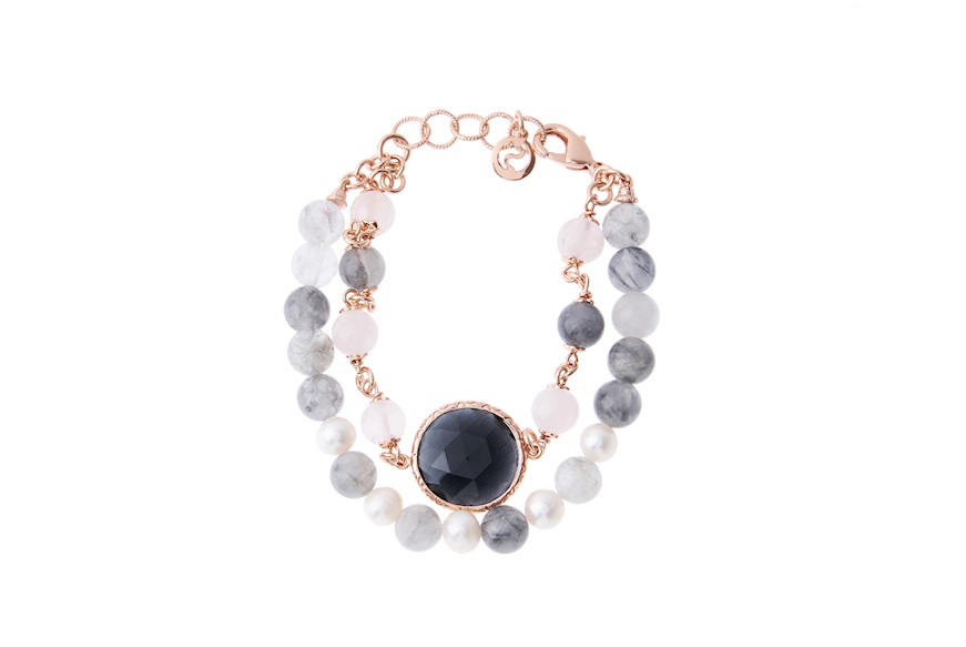 Bracelet Agnes with pink and gray quartz, river pearl and gray crystal Sovrani