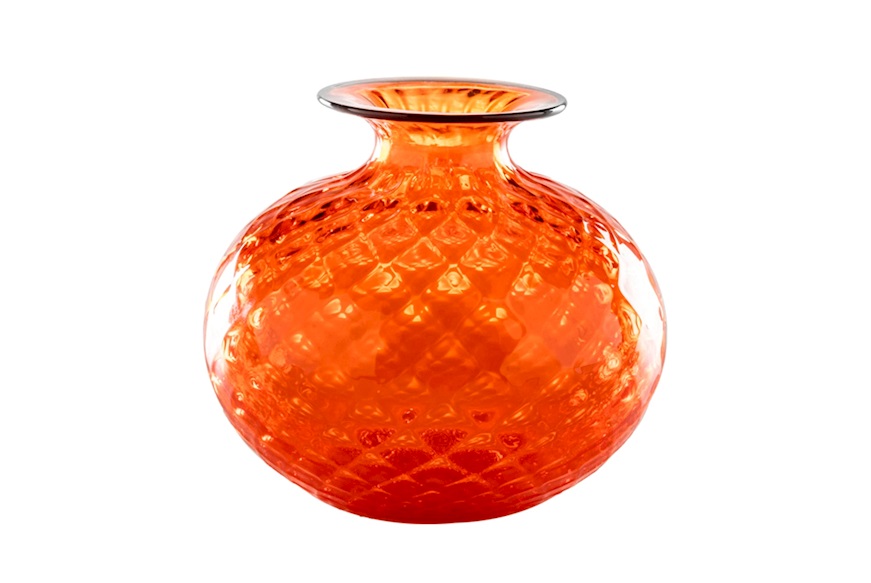 Vaso Monofiore Balloton vetro di Murano arancio con filo rosso Venini