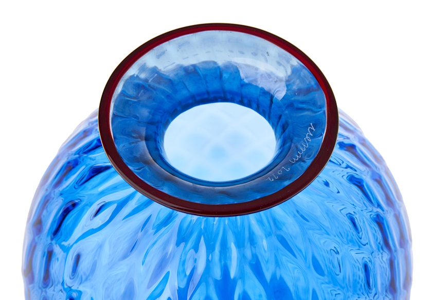 Vaso Monofiori Balloton vetro di Murano zaffiro con filo rosso Venini