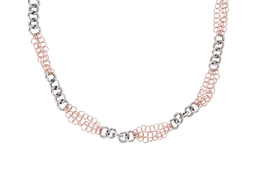 Collana argento con anelli lisci e diamantati rosè Selezione Zanolli