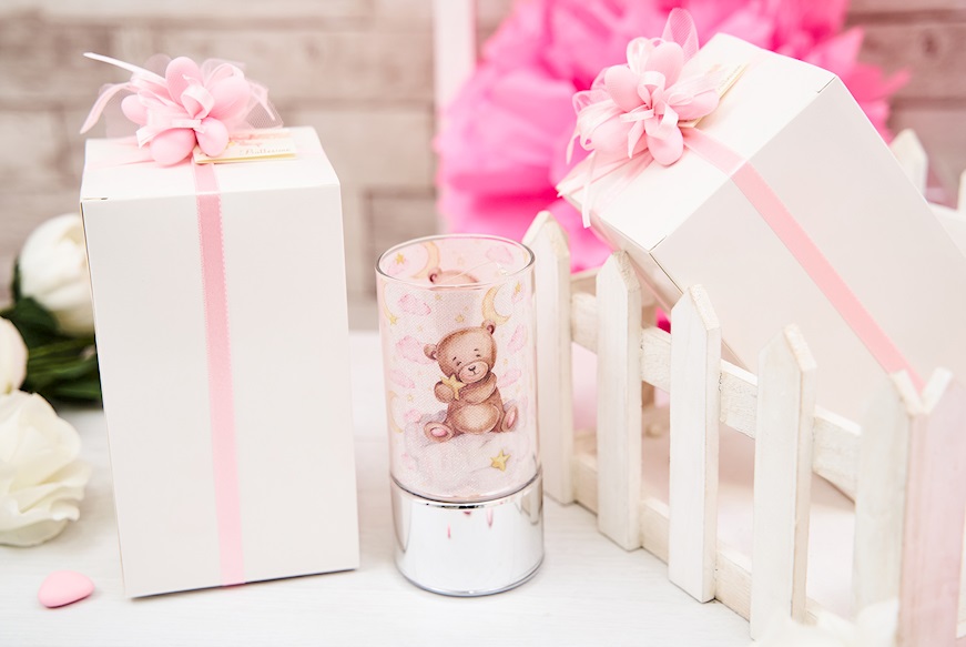 Bomboniera Battesimo Lampada Orsetto rosa rosa con ciuffo portaconfetti Selezione Zanolli