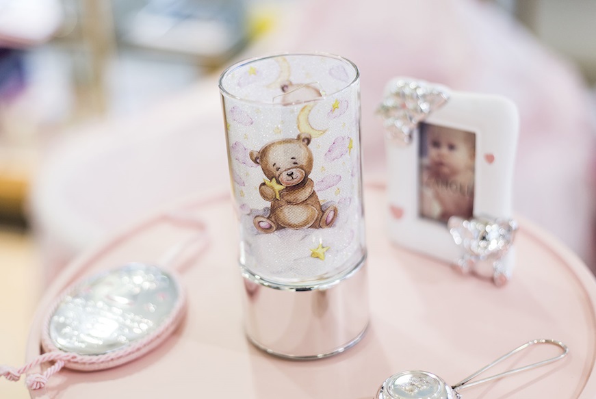 Bomboniera Battesimo Lampada Orsetto rosa rosa con ciuffo portaconfetti Selezione Zanolli