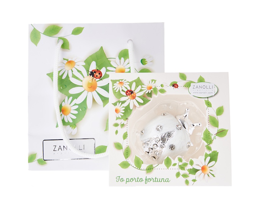 Figurina Coccinella bianca con cristalli con cristalli Selezione Zanolli