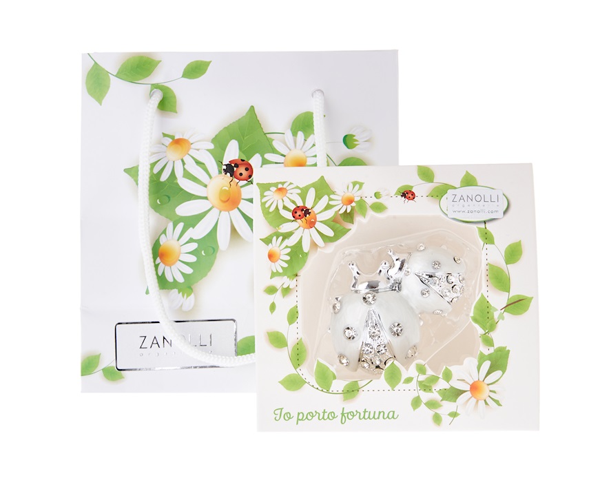 Figurina Coppia di coccinelle bianche con cristalli con cristalli Selezione Zanolli