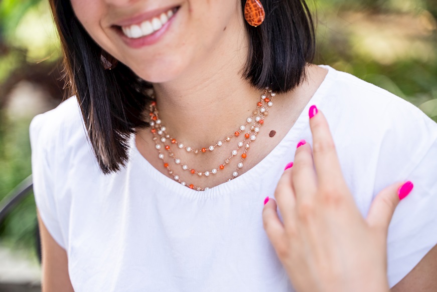 Collana Choker argento rosè con perle e cristalli arancio Selezione Zanolli