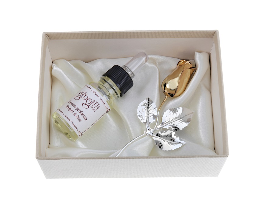 Bomboniera Rosetta bocciolo oro silver plated con essenza e scatola Selezione Zanolli