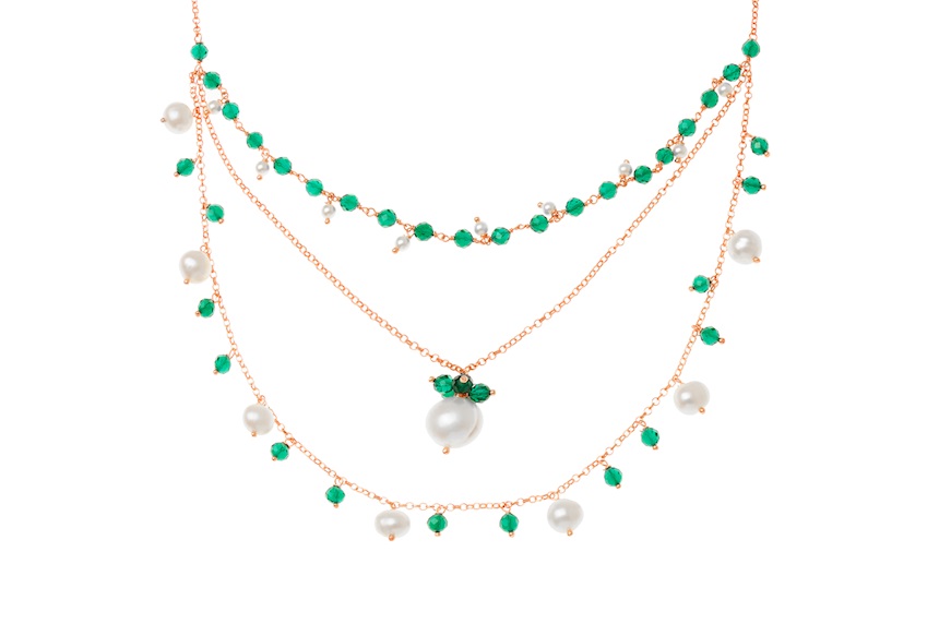 Collana argento rosè con perle di fiume e cristalli verdi Selezione Zanolli