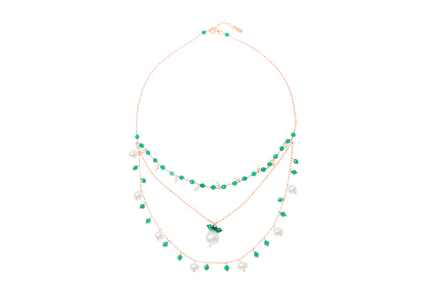 Collana argento rosè con perle di fiume e cristalli verdi Selezione Zanolli