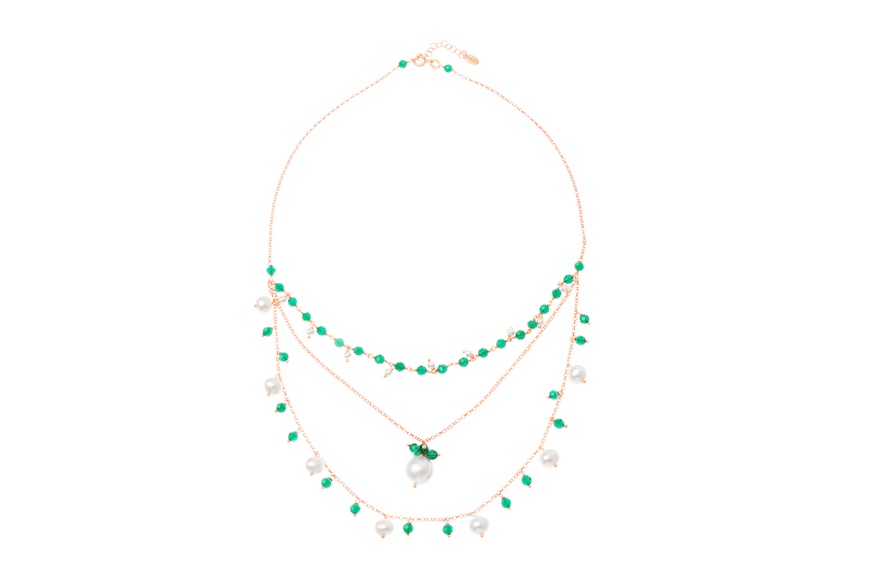 Necklace silver rosè with river's pearls and green crystals Selezione Zanolli