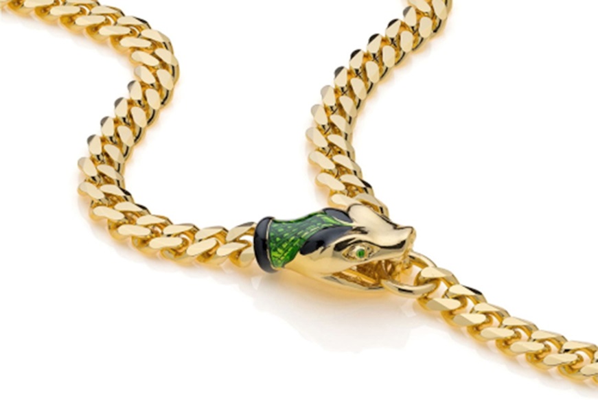 Collana Snake in bronzo dorato con serpente in smalto verde e nero Unoaerre